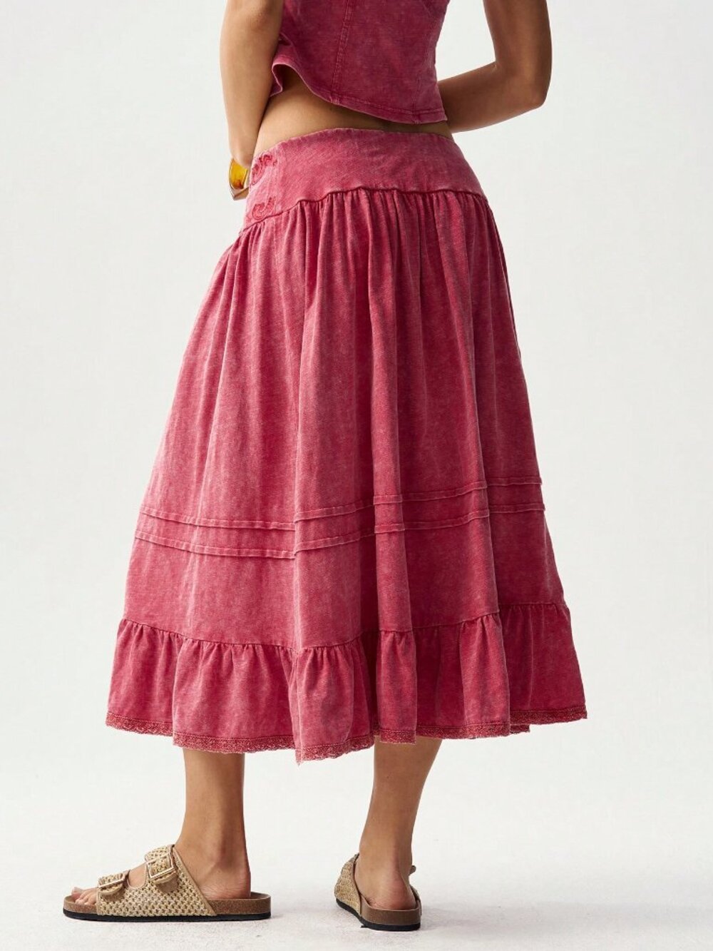 Red Casual Women's Knit Patchwork Lace Hem Skirt - Picture 5 of 7